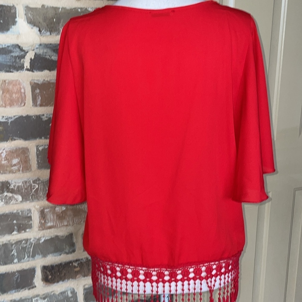 3/$20 Blue Sketch Red Fringe Top Flutter Sleeve Boho 4.5” Trim Fairycore Whimsy - Picture 5 of 11